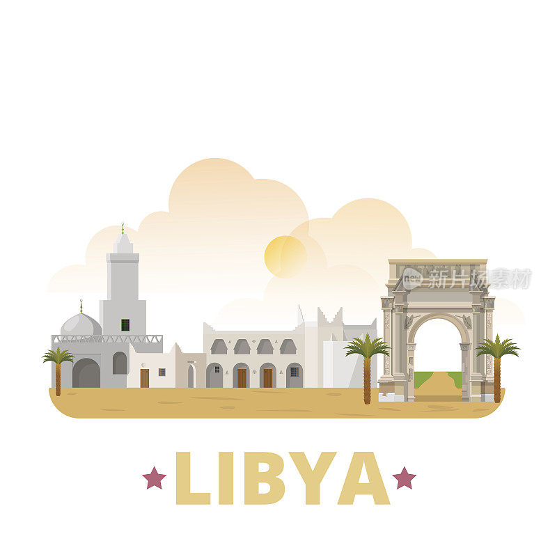 利比亚国家磁铁设计模板。平面卡通风格的历史景观展示网站矢量插图。世界度假旅游观光非洲非洲收藏。本来Leptis Magna。